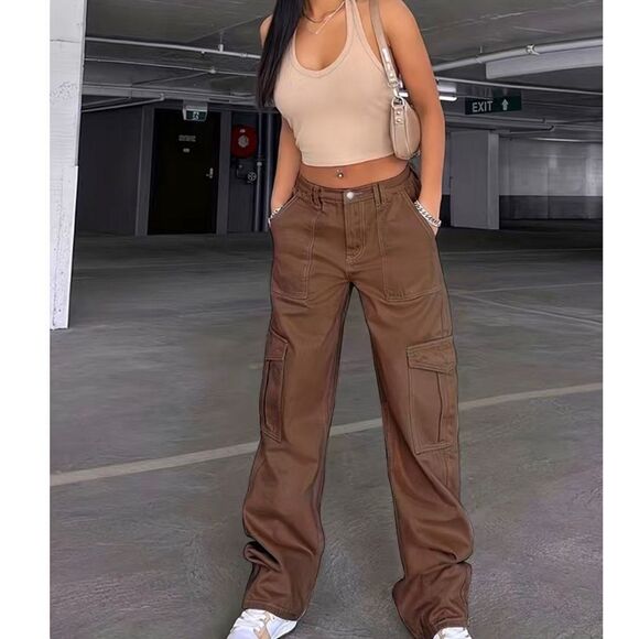 Women’s Loose Fit Cargo Street Style Straight Jeans Y2K Kpop Vintage Style - Picture 1 of 17